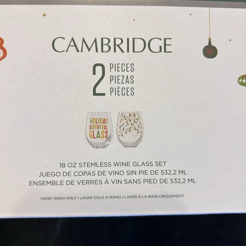 Cambridge Holiday Survival Glass 18 oz Stemless Wine Glass Set 2pc Christmas
